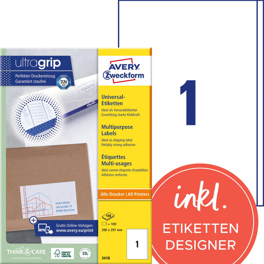 AVERY ZWECKFORM Etiketten 200x297mm 3418 weiss 100 Stk./100 Blatt Idealshop