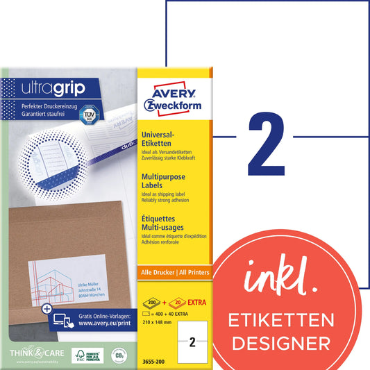 AVERY ZWECKFORM Etiketten 210×148mm 3655-200 weiss 440 Stk./200+20 Blatt Idealshop