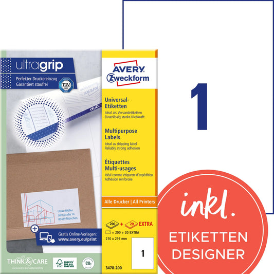 AVERY ZWECKFORM Etiketten 210x297mm 3478-200 weiss 220 Stk./200+20 Blatt Idealshop