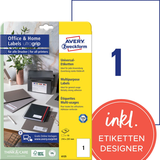 AVERY ZWECKFORM Etiketten 210x297mm 6125 weiss 10 Stk./10 Blatt Idealshop