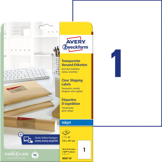 AVERY ZWECKFORM Etiketten 210x297mm J8567-25 transparent 25 Stück Idealshop