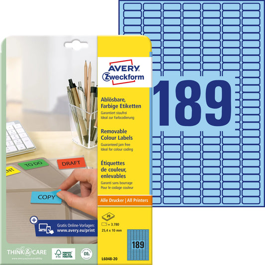 AVERY ZWECKFORM Etiketten 25,4x10mm L6048-20 blau 3780Stk./20Bl. Idealshop