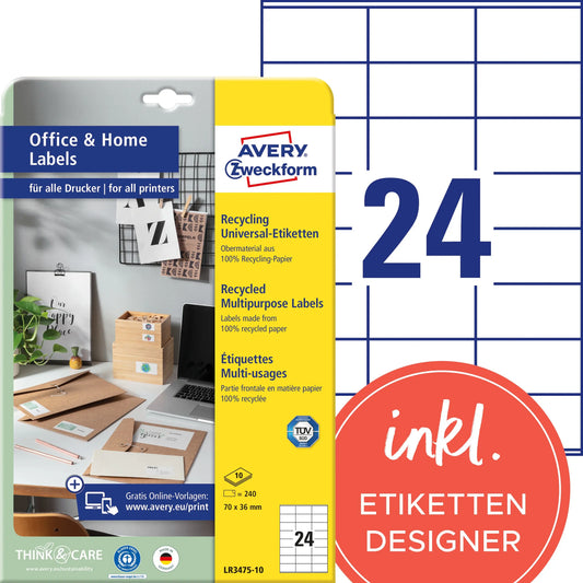 AVERY ZWECKFORM Etiketten 36x70mm LR3475-10 weiss, perm. 10 Blatt/24 Stk. Idealshop