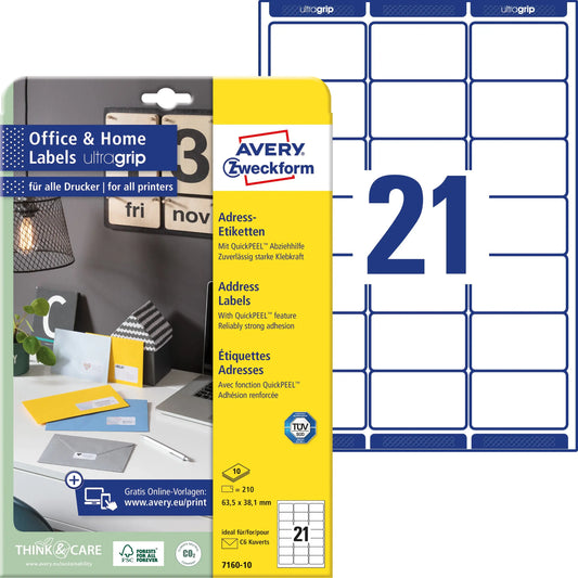 AVERY ZWECKFORM Etiketten 38.1x63.5mm 7160-10 weiss, perm. 10 Blatt/21 Stk. Idealshop