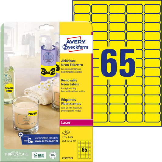 AVERY ZWECKFORM Etiketten 38,1x21,2mm L7651Y-25 gelb 1625 Stück Idealshop