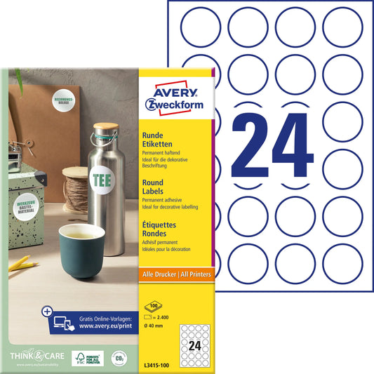AVERY ZWECKFORM Etiketten 40mm L3415-100 weiss 2400 Stück Idealshop