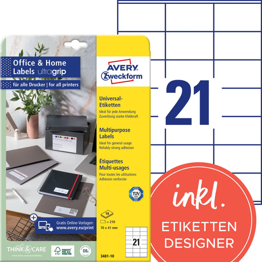 AVERY ZWECKFORM Etiketten 41x70mm 3481-10 weiss, perm. 10 Blatt/21 Stk. Idealshop