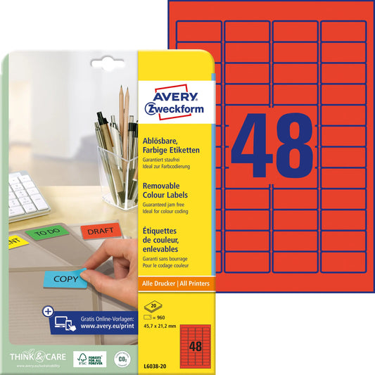 AVERY ZWECKFORM Etiketten 45.7x21.2mm L6038-20 rot 20Bl./48Stk. Idealshop