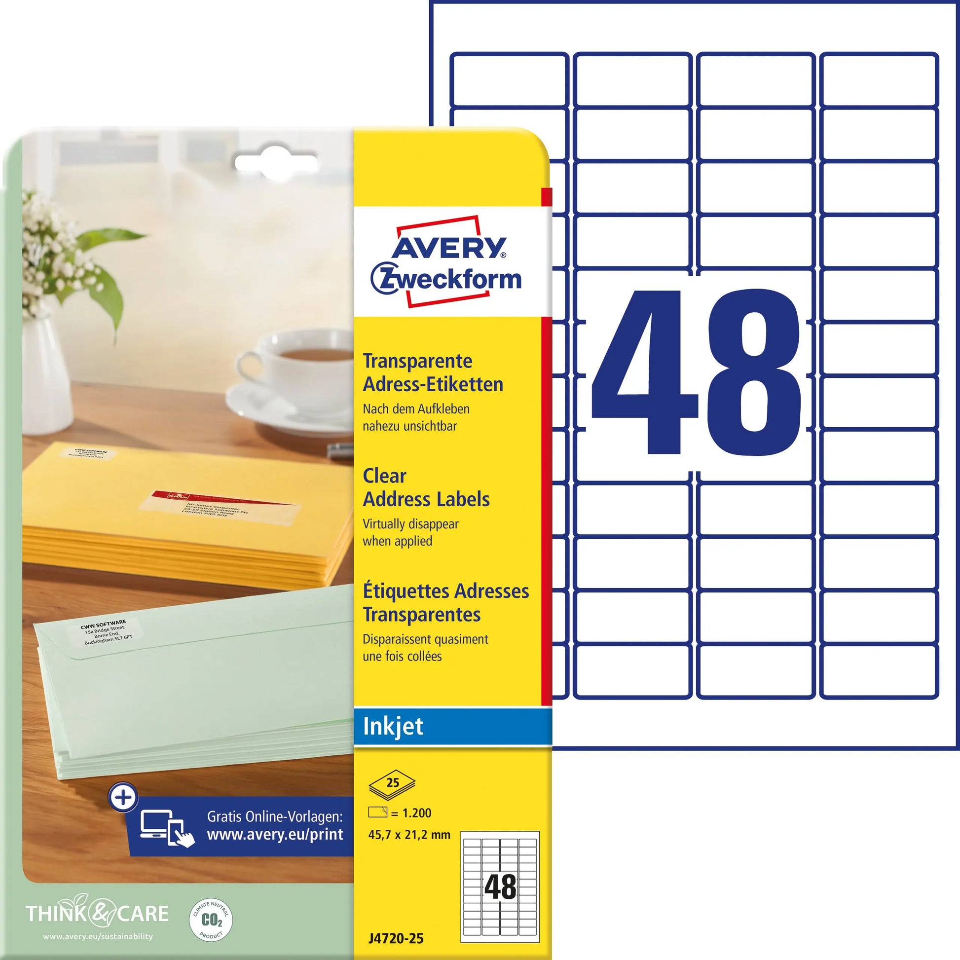 AVERY ZWECKFORM Etiketten 45,7x21,2mm J4720-25 transparent 1200 Stück Idealshop