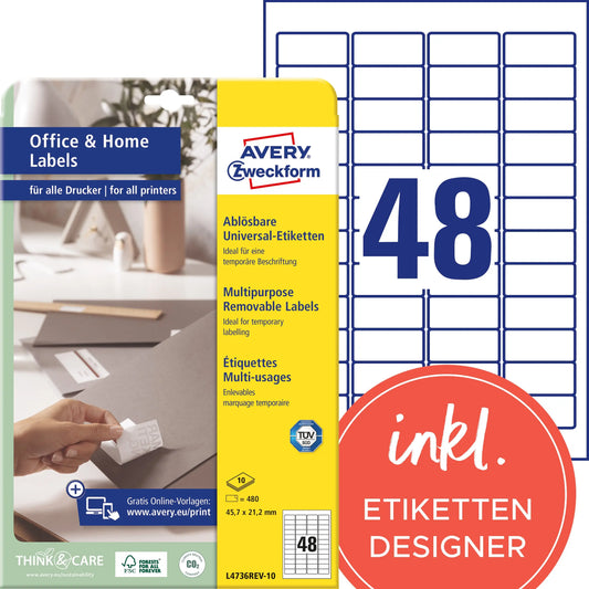 AVERY ZWECKFORM Etiketten 45,7x21,2mm L4736REV1 weiss 480 Stück Idealshop