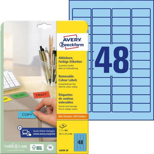AVERY ZWECKFORM Etiketten 45,7x21,2mm L6039-20 blau 960Stk./20Bl. Idealshop