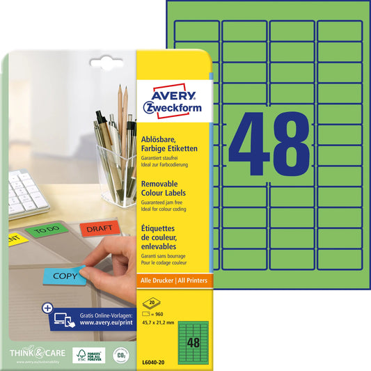 AVERY ZWECKFORM Etiketten 45,7x21,2mm L6040-20 grün 960Stk./20Bl. Idealshop
