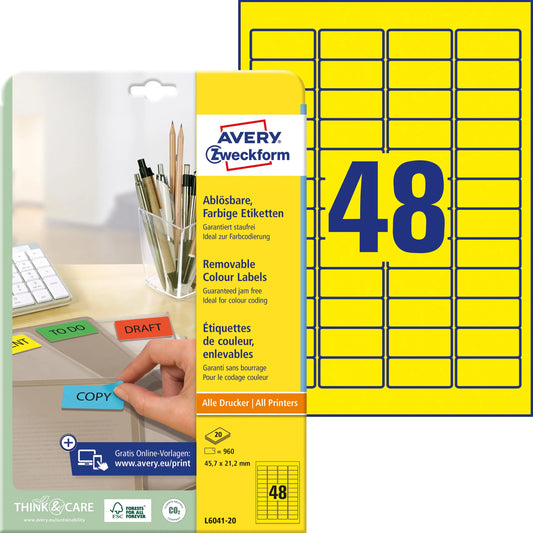 AVERY ZWECKFORM Etiketten 45,7x21,2mm L6041-20 gelb 960Stk./20Bl. Idealshop