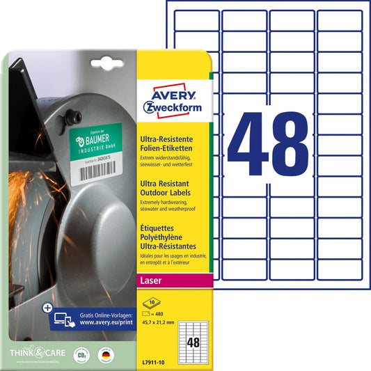AVERY ZWECKFORM Etiketten 45,7x21,2mm L7911-10 weiss ultra-resistant Idealshop