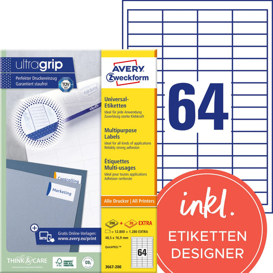 AVERY ZWECKFORM Etiketten 48,5×16,9mm 3667-200 weiss 14080 Stk./200+20 Blatt Idealshop