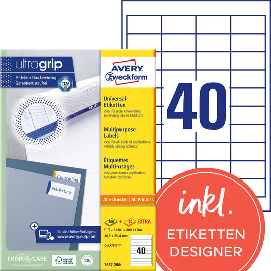 AVERY ZWECKFORM Etiketten 48,5x25,4mm 3657-200 weiss 8800 Stk./200+20 Blatt Idealshop