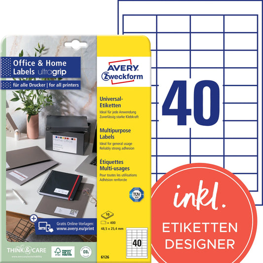 AVERY ZWECKFORM Etiketten 48,5x25,4mm 6126 weiss 400 Stk./10 Blatt Idealshop