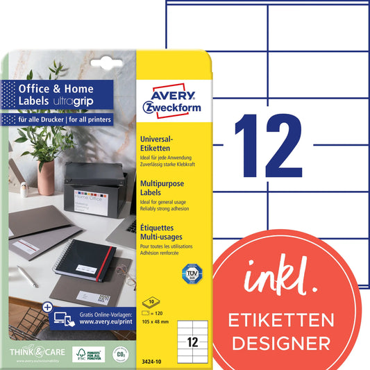 AVERY ZWECKFORM Etiketten 48x105mm 3424-10 weiss, perm. 10 Blatt/12 Stk. Idealshop
