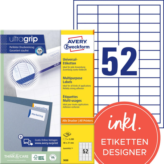 AVERY ZWECKFORM Etiketten 48x21mm 3650 weiss 5200 Stk./100 Blatt Idealshop