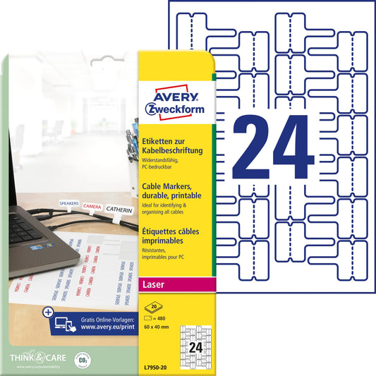 AVERY ZWECKFORM Etiketten 60x40mm L7950-20 Kabel, perm. 480 Stück Idealshop