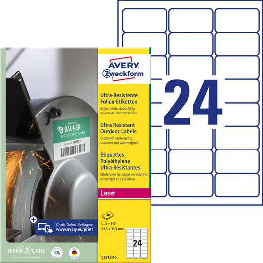 AVERY ZWECKFORM Etiketten 63.5x33.9mm L7912-40 weiss, matt, A4 40 Blatt Idealshop