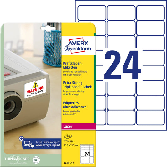 AVERY ZWECKFORM Etiketten 63,5×33,9mm L6141-20 Kraft 480 Stück Idealshop