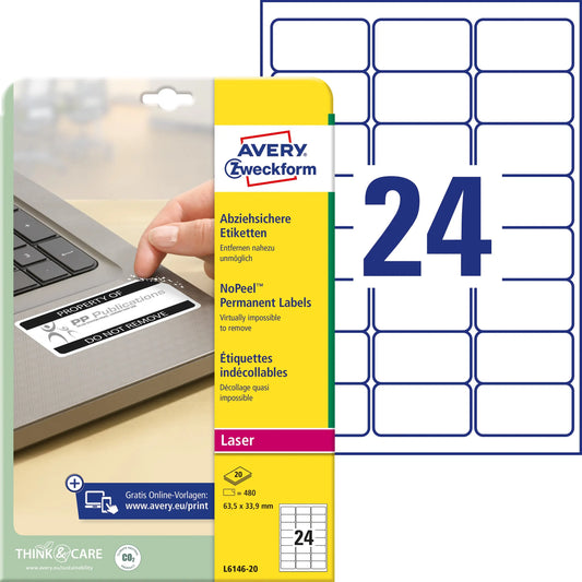 AVERY ZWECKFORM Etiketten 63,5×33,9mm L6146-20 permanent 480 Stück Idealshop