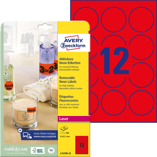 AVERY ZWECKFORM Etiketten 63,5mm L7670R-25 rot 300 Stück Idealshop