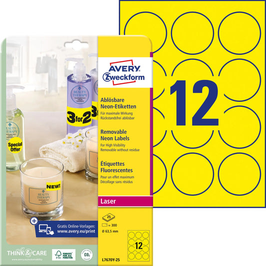 AVERY ZWECKFORM Etiketten 63,5mm L7670Y-25 gelb 300 Stück Idealshop