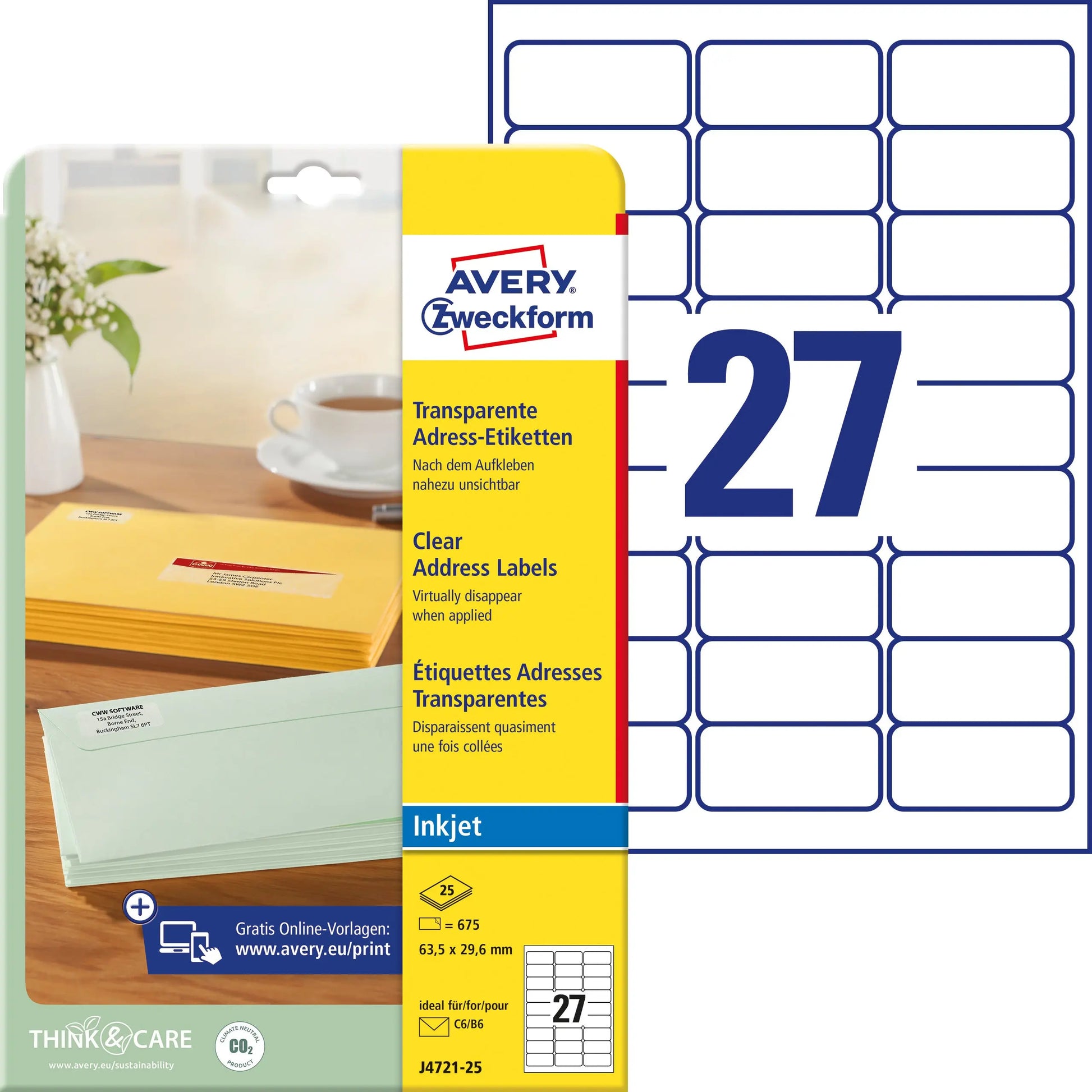 AVERY ZWECKFORM Etiketten 63,5x29,6mm J4721-25 transparent 675 Stück Idealshop