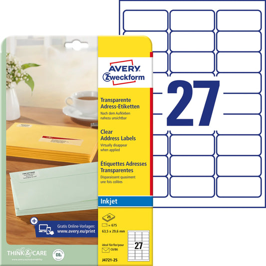 AVERY ZWECKFORM Etiketten 63,5x29,6mm J4721-25 transparent 675 Stück Idealshop
