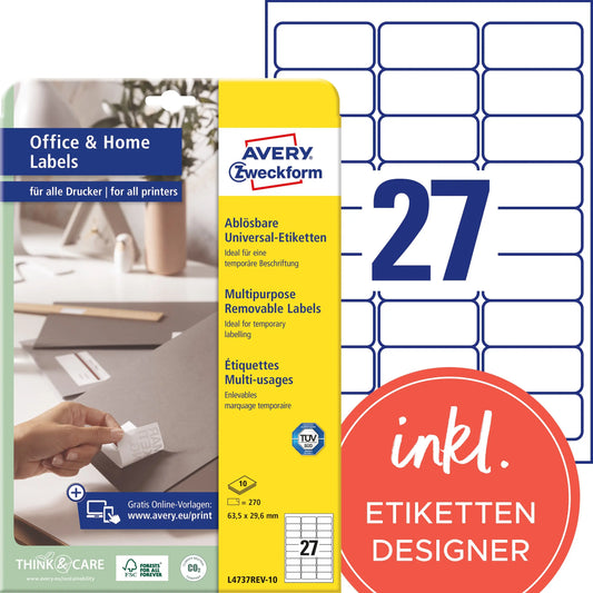 AVERY ZWECKFORM Etiketten 63,5x29,6mm L4737REV1 weiss 270 Stück Idealshop