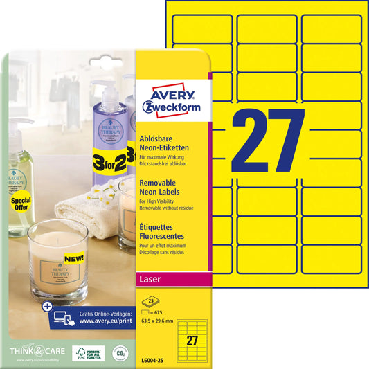 AVERY ZWECKFORM Etiketten 63,5x29,6mm L6004-25 gelb,non-perm. 675 Stk./25 Bl. Idealshop