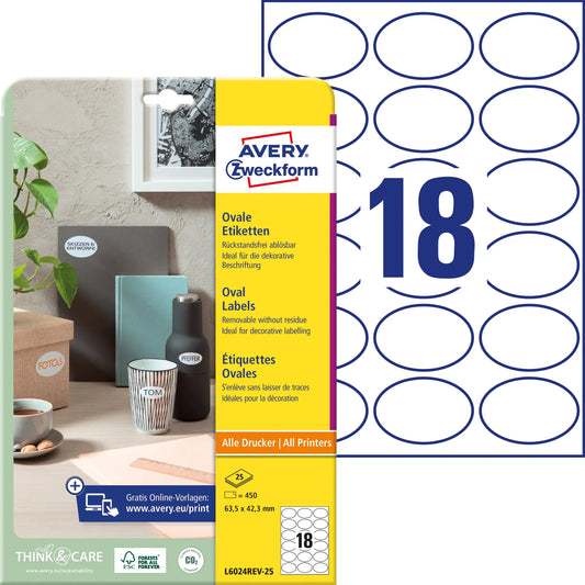 AVERY ZWECKFORM Etiketten 63,5x42,3mm L6024REV2 weiss 450 Stück Idealshop