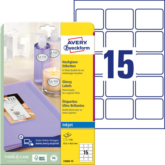 AVERY ZWECKFORM Etiketten 63,5x46,6mm C6080-10 weiss, grossy 150 Stück Idealshop