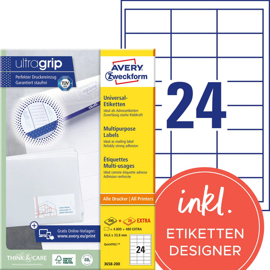 AVERY ZWECKFORM Etiketten 64,6x33,8mm 3658-200 weiss 5280 Stk./200+20 Blatt Idealshop
