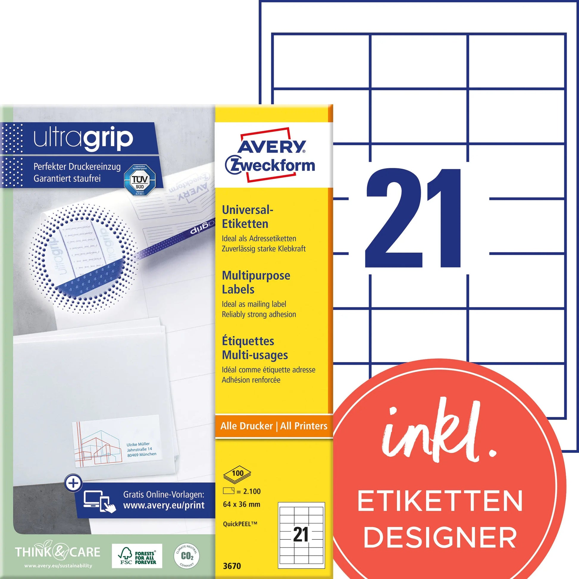AVERY ZWECKFORM Etiketten 64x36mm 3670 weiss 2100 Stk./100 Blatt Idealshop