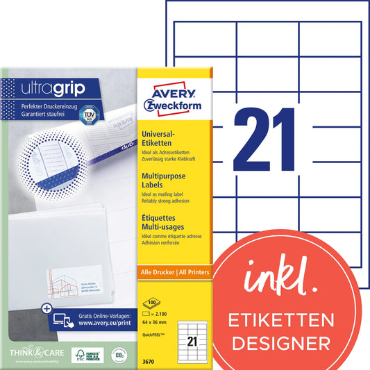 AVERY ZWECKFORM Etiketten 64x36mm 3670 weiss 2100 Stk./100 Blatt Idealshop