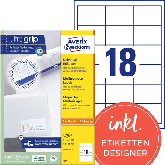 AVERY ZWECKFORM Etiketten 64x45mm 3671 weiss 1800 Stk./100 Blatt Idealshop