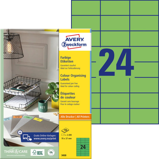 AVERY ZWECKFORM Etiketten 70×37mm 3450 grün 2400 Stück Idealshop