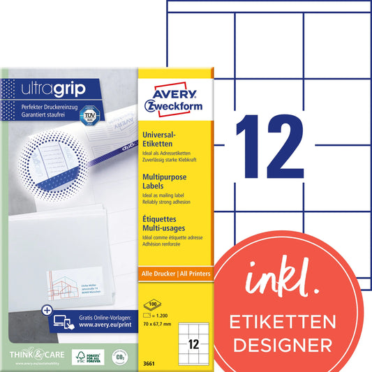 AVERY ZWECKFORM Etiketten 70×67,7mm 3661 weiss 1200 Stk./100 Blatt Idealshop