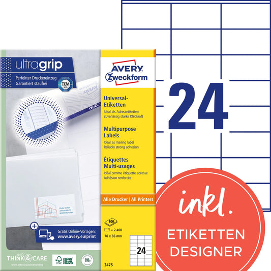 AVERY ZWECKFORM Etiketten 70x36mm 3475 weiss 2400 Stk./100 Blatt Idealshop