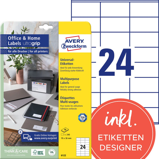 AVERY ZWECKFORM Etiketten 70x36mm 6122 weiss 240 Stk./10 Blatt Idealshop