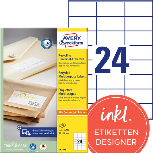 AVERY ZWECKFORM Etiketten 70x36mm LR3475 recycling 2400 Stück Idealshop
