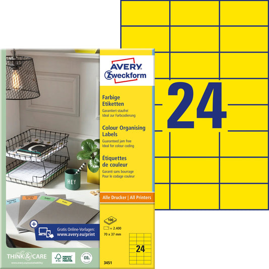 AVERY ZWECKFORM Etiketten 70x37mm 3451 Universal, gelb 100Bl./24St. Idealshop