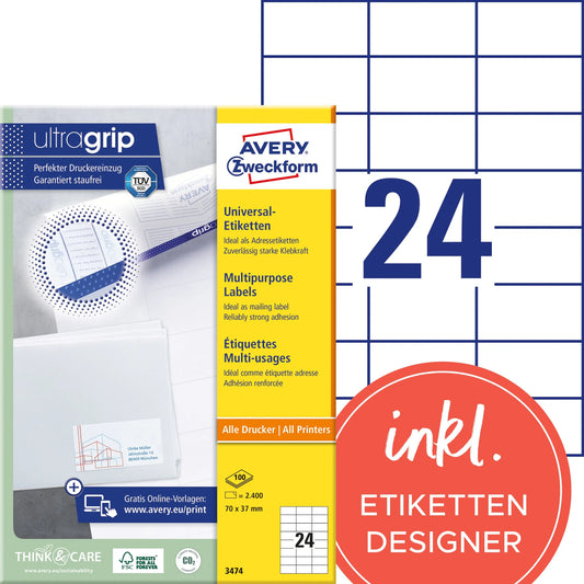 AVERY ZWECKFORM Etiketten 70x37mm 3474 weiss 2400 Stk./100 Blatt Idealshop