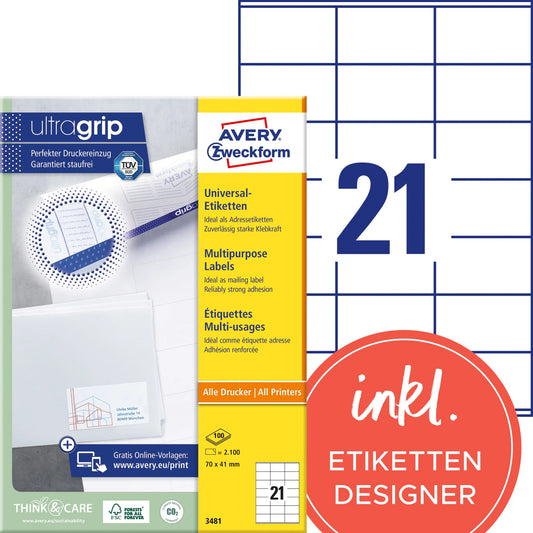 AVERY ZWECKFORM Etiketten 70x41mm 3481 weiss 2100 Stk./100 Blatt Idealshop