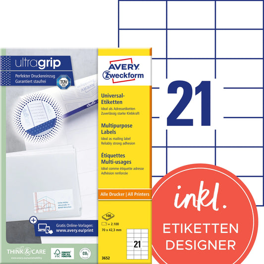 AVERY ZWECKFORM Etiketten 70x42,3mm 3652 weiss 2100 Stk./100 Blatt Idealshop