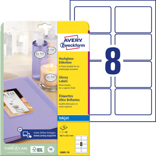 AVERY ZWECKFORM Etiketten 88,9x63,5mm C6081-10 weiss, glossy 80 Stück Idealshop