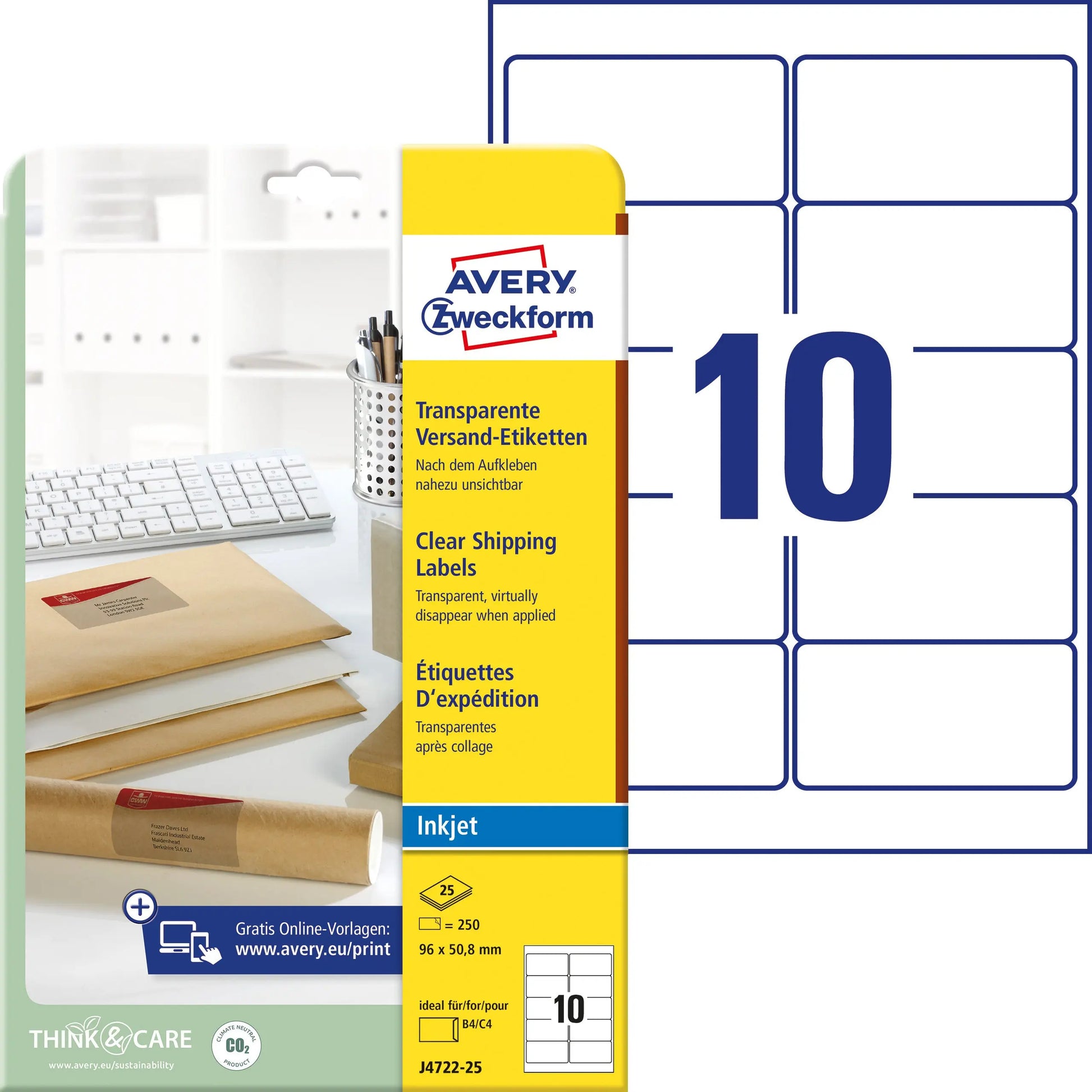 AVERY ZWECKFORM Etiketten 96x50,8mm J4722-25 transparent 250 Stück Idealshop